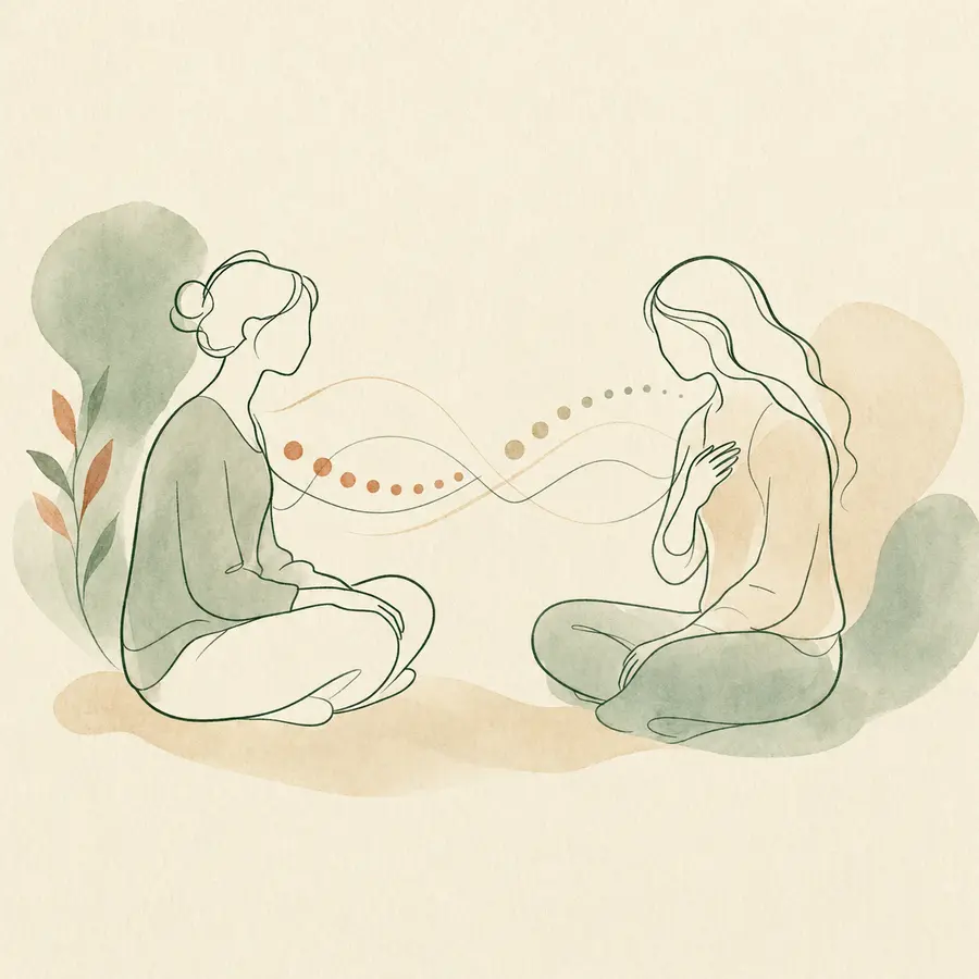 Deux personnes reliées par un mouvement abstrait, évocateur d’un accompagnement EMDR progressif