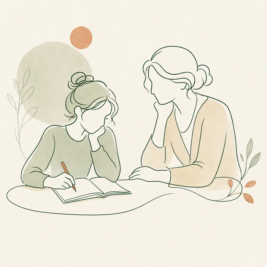 Une jeune personne accompagnée dans ses apprentissages, dessinée en lignes légères